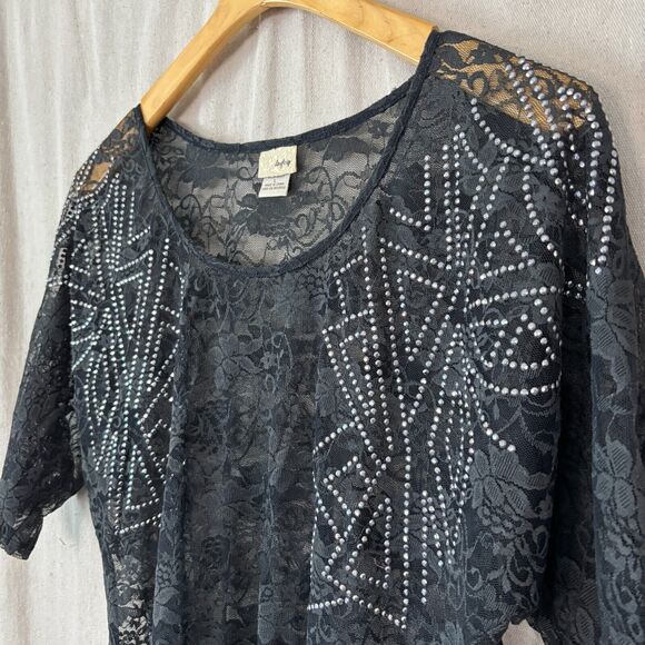 Daytrip Women Whimsigoth Witchy Rhinestone Lace Top Size L Black Vamp Dark Boho - Picture 2 of 7